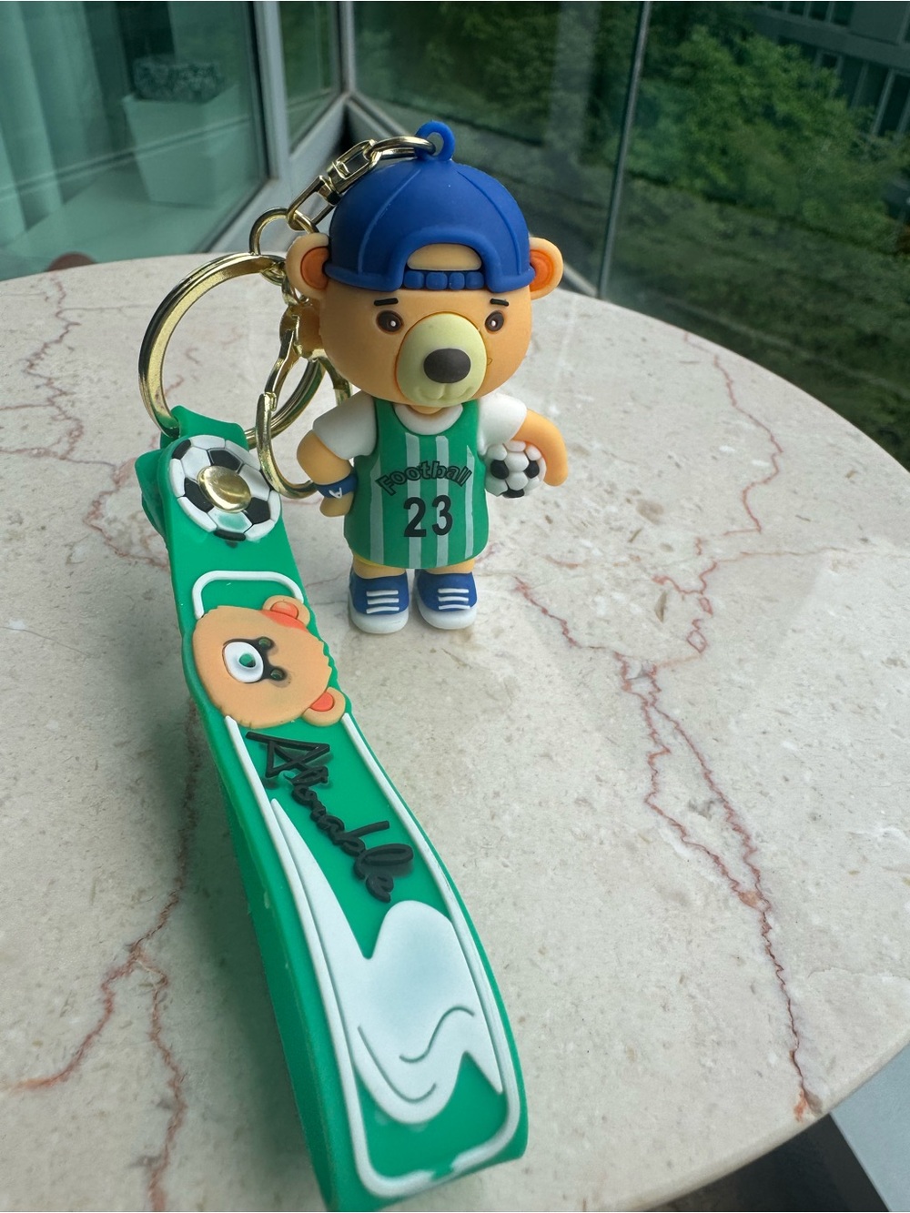 Cute Bear Soccer Keychain with Green Strap